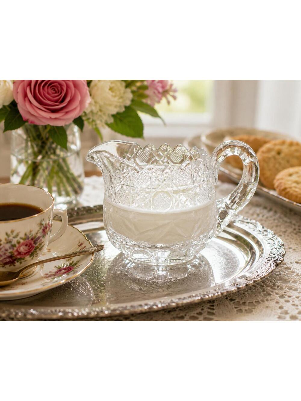Antique ABP Cut Crystal Creamer Sawtooth Rim Starburst Base 5.5"